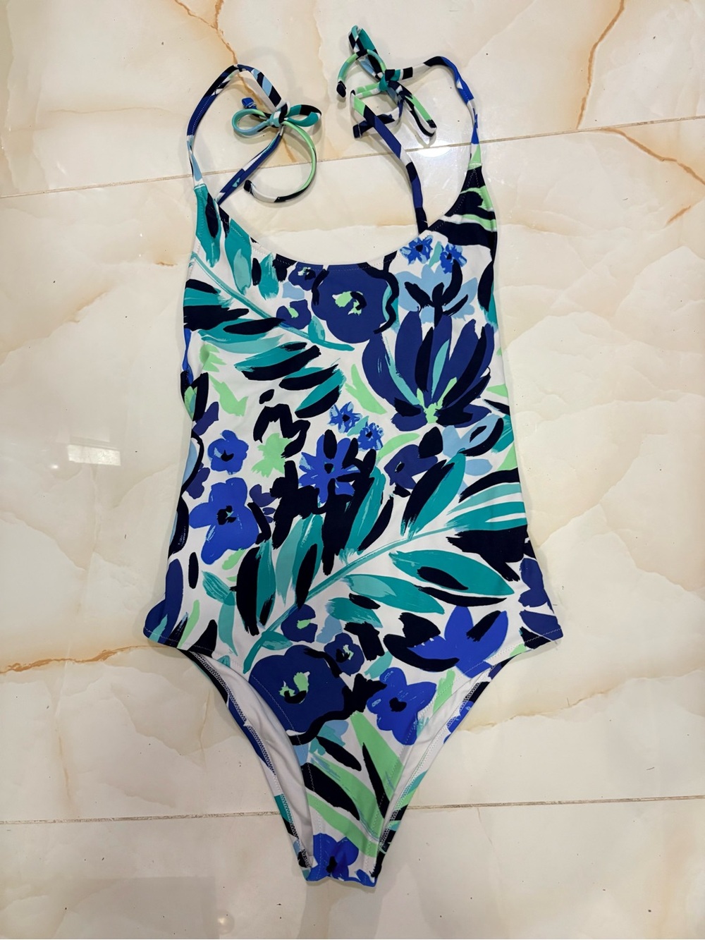 aerie Blue & Green Floral Tie-Shoulder One-Piece Cheeky Swimsuit Size S - Picture 2 of 7
